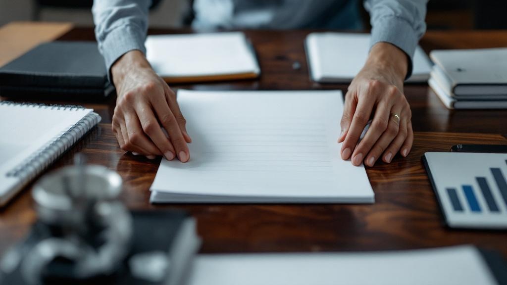 Hands arranging Japanese-language whitepapers and case studies on a dark walnut conference table