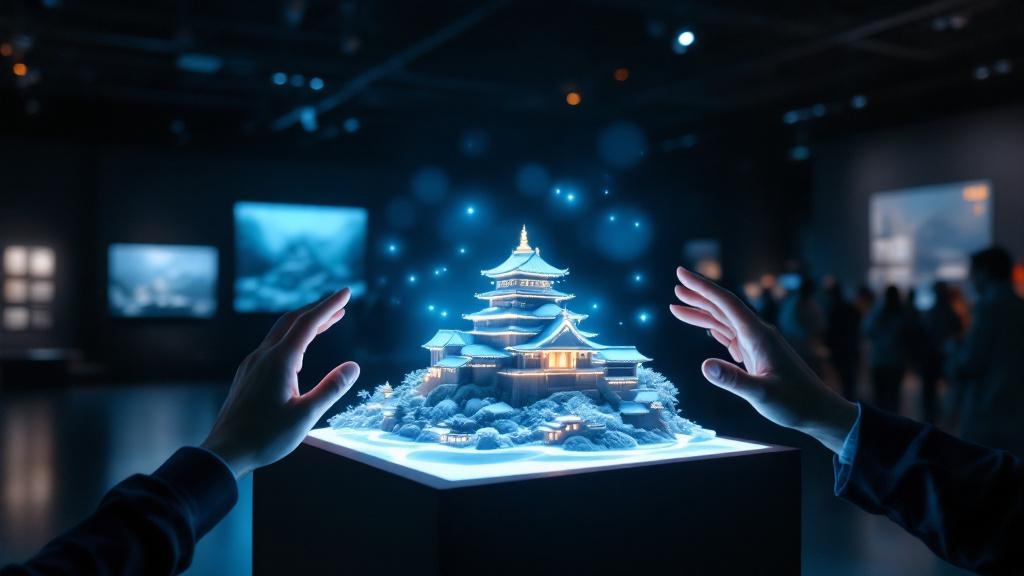 Hands interacting with a holographic VR display of a Japanese castle in a darkened museum exhibition hall
