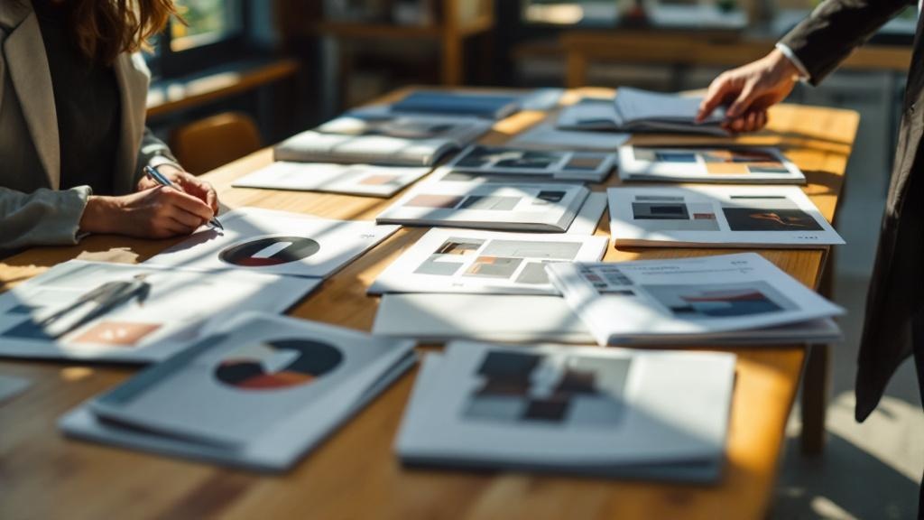 Over-the-shoulder view of someone reviewing printed brand identity booklets spread across a wooden table in a bright Japanese office