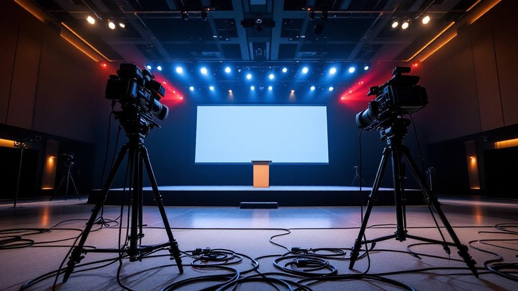 Three professional cinema cameras on tripods positioned around a corporate conference stage in a Japanese venue