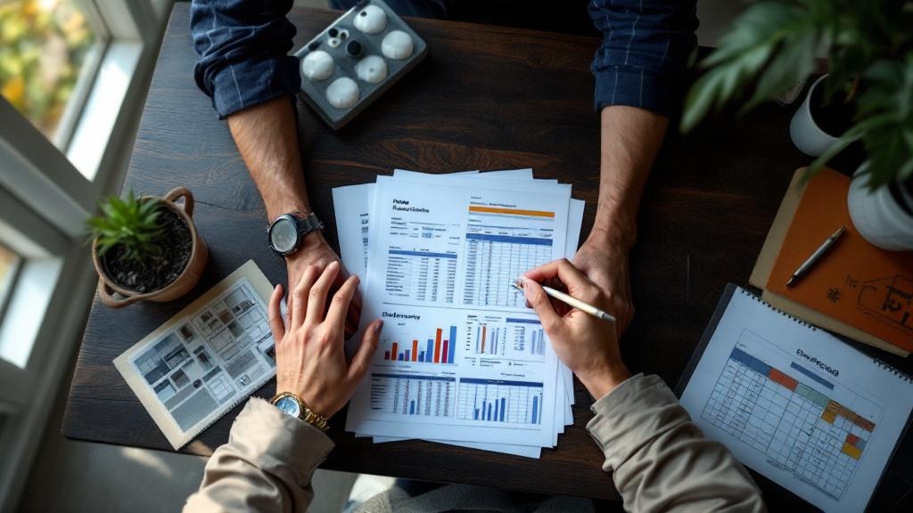 Video production cost planning — Overhead view of hands reviewing production budget documents and storyboards on a wooden desk