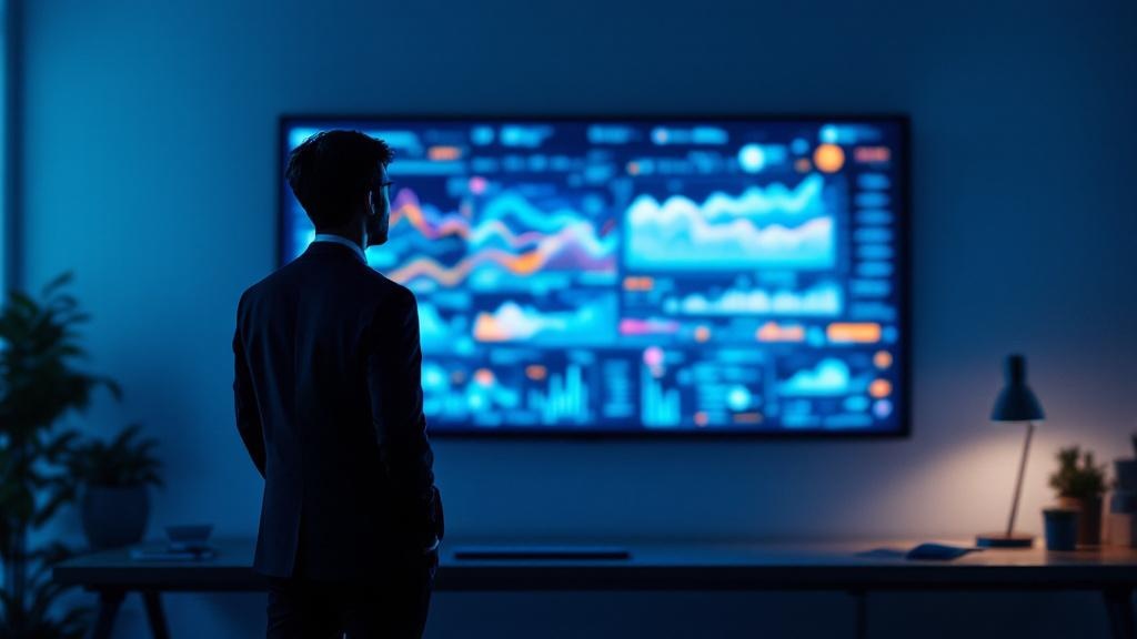 Silhouette of a consultant viewing abstract data visualizations on a large monitor in a Japanese office