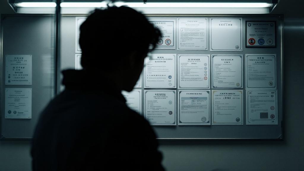 Silhouette of a person reviewing Japanese regulatory certification documents on a wall in a government office