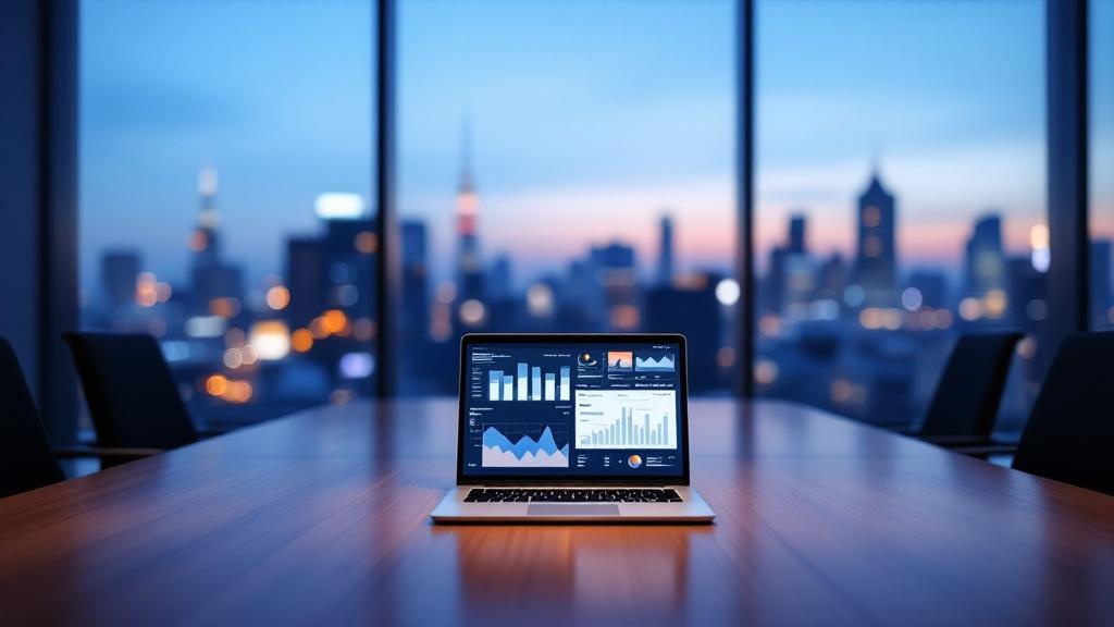 Minimalist Tokyo conference room at dusk with a laptop showing blurred charts on a clean oak table, city skyline visible through windows