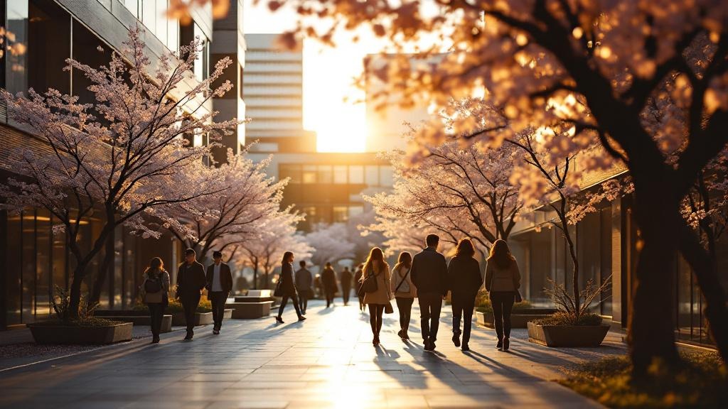 Silhouettes of international students walking across a Tokyo university campus at golden hour