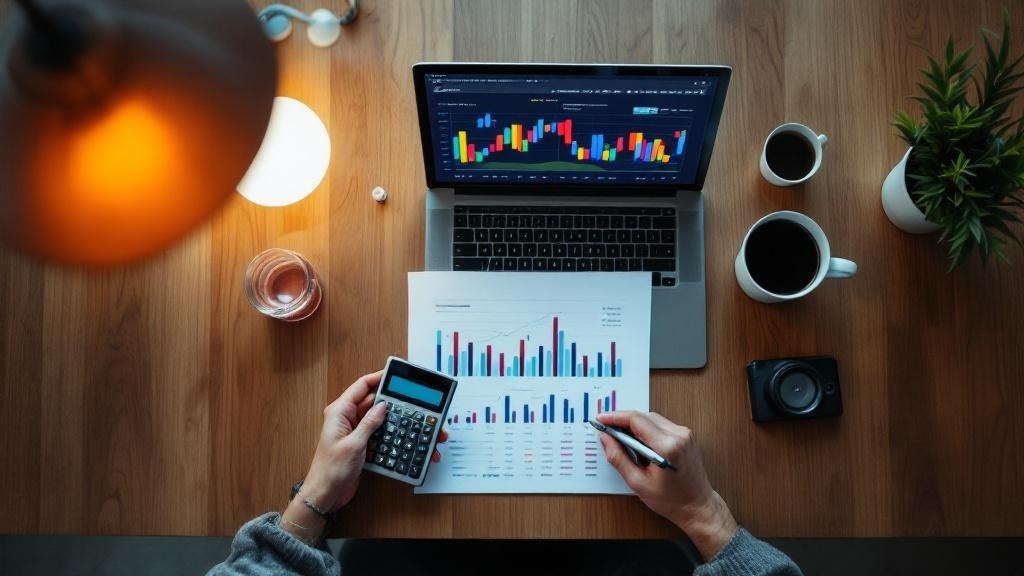 Hands reviewing financial documents with calculator and laptop showing abstract charts