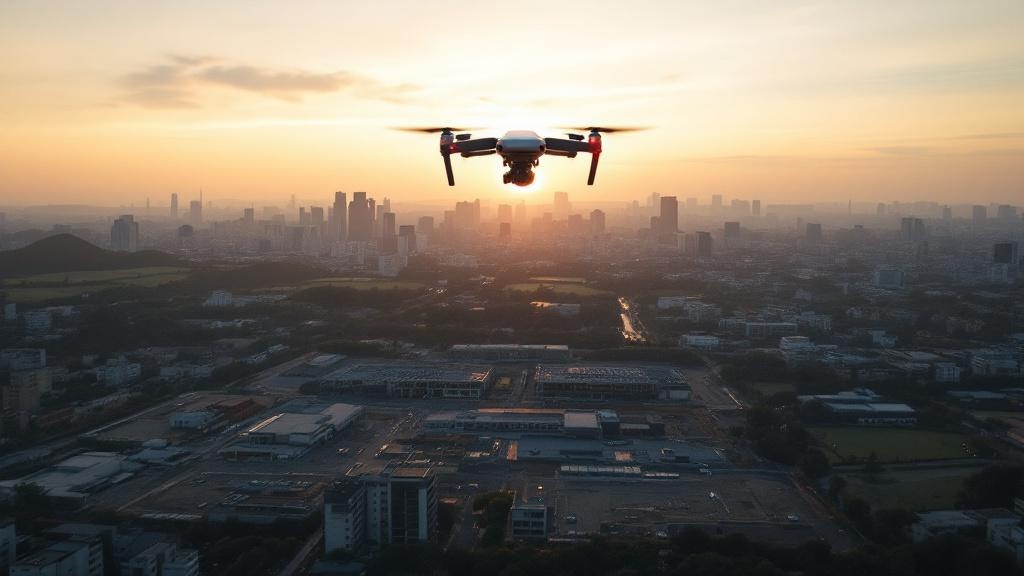 Drone aerial photograph of a large mixed-use development in suburban Tokyo at twilight with city skyline in the background