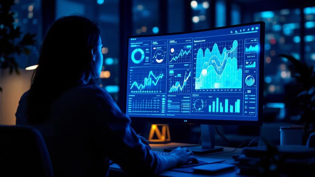 Silhouette of a person reviewing an analytics dashboard on a monitor in a dim Tokyo office at night