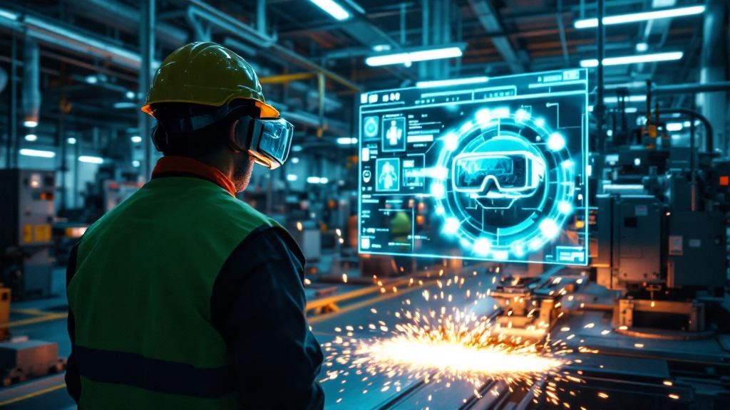 Factory worker in safety gear using VR overlay on Japanese manufacturing equipment viewed from behind