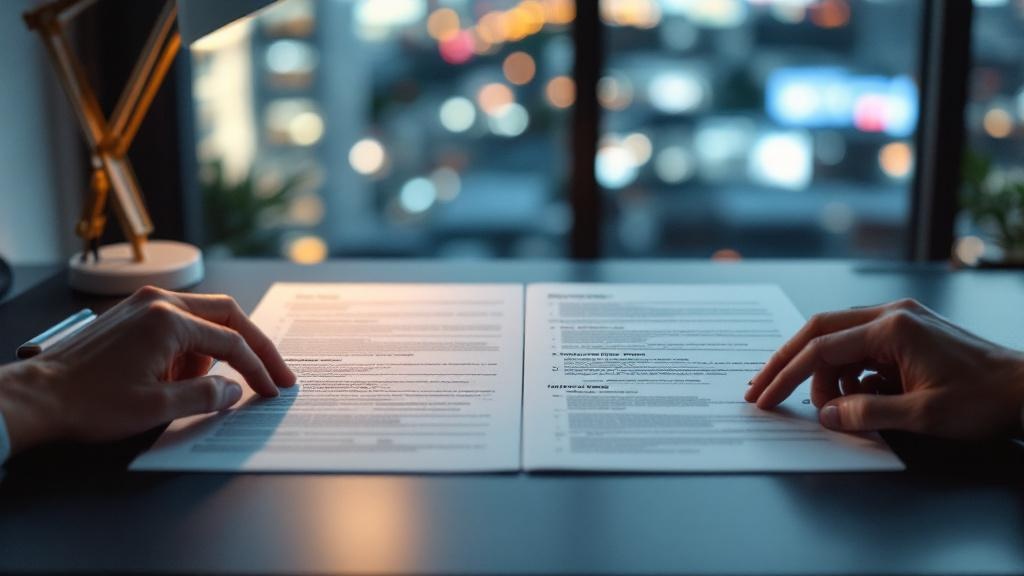 Hands arranging Japanese and English brand guideline documents side by side on a dark desk with Tokyo cityscape in the background