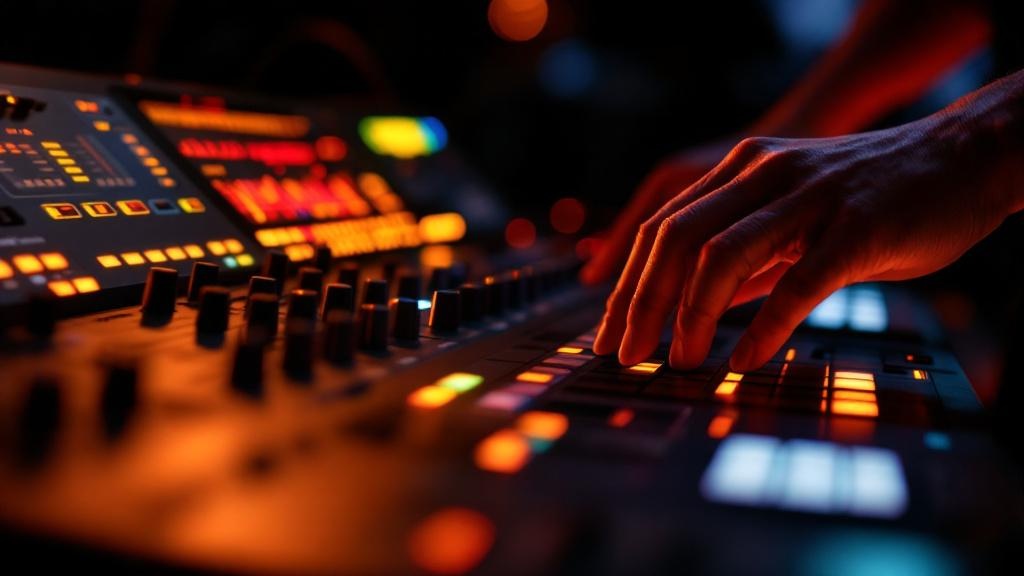 Close-up of hands adjusting faders on a professional audio mixing console with glowing meters