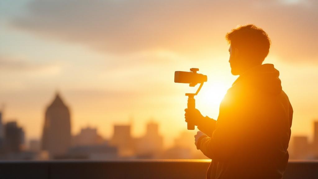 Silhouette of a videographer with camera gimbal on a Tokyo rooftop at golden hour