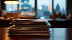 Official Japanese documents with red hanko stamps on a wooden desk with blurred Tokyo cityscape in background