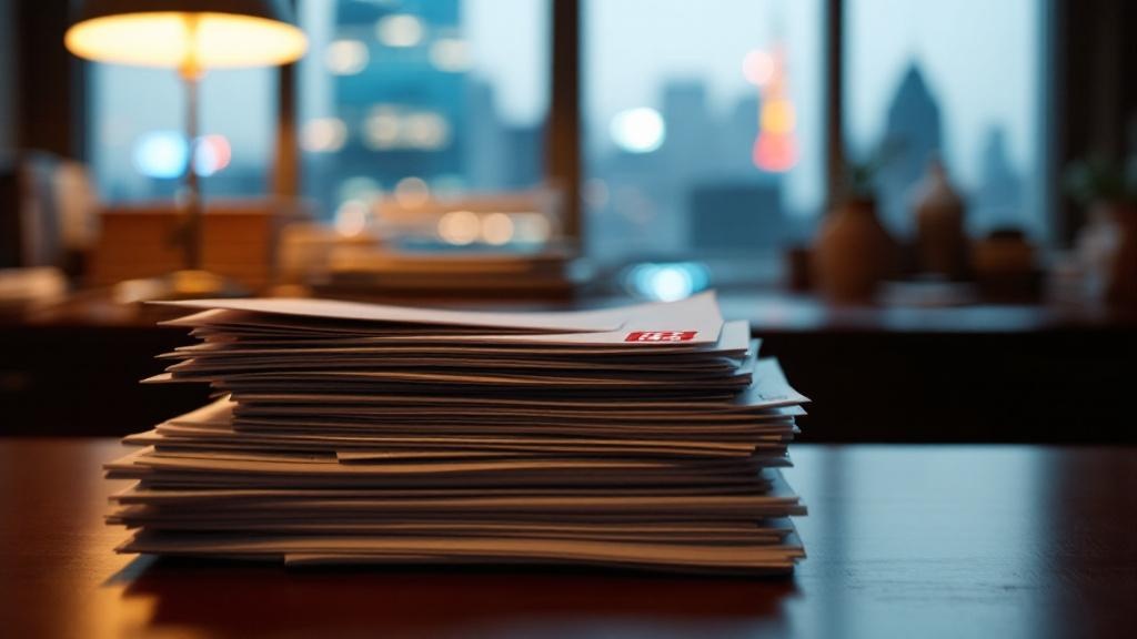 Official Japanese documents with red hanko stamps on a wooden desk with blurred Tokyo cityscape in background