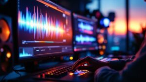 Hands operating a color grading control surface in a dimly lit Tokyo post-production studio with warm monitor glow