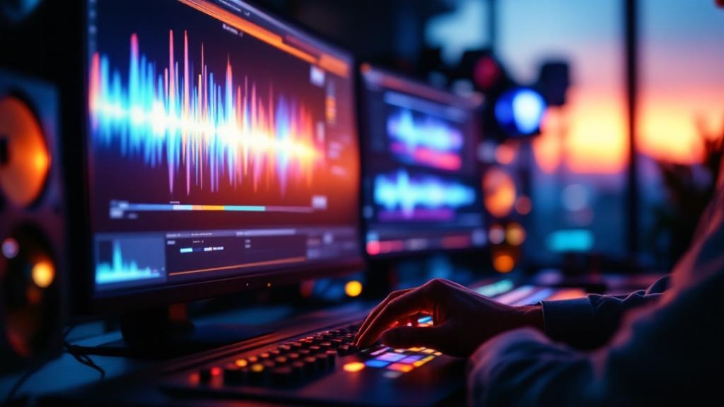 Hands operating a color grading control surface in a dimly lit Tokyo post-production studio with warm monitor glow