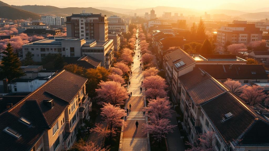 Aerial view of a mid-sized Japanese university campus with cherry trees at sunset