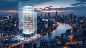 Tokyo skyline at twilight with architectural visualization overlay on a skyscraper