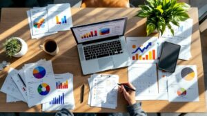 Overhead view of a Tokyo office desk with marketing reports and laptop showing abstract dashboards