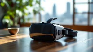 VR headset on a traditional Japanese wooden table with soft natural light and blurred Tokyo skyline