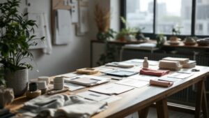 Fashion brand identity materials and fabric swatches on a wooden atelier table in Tokyo with natural window light