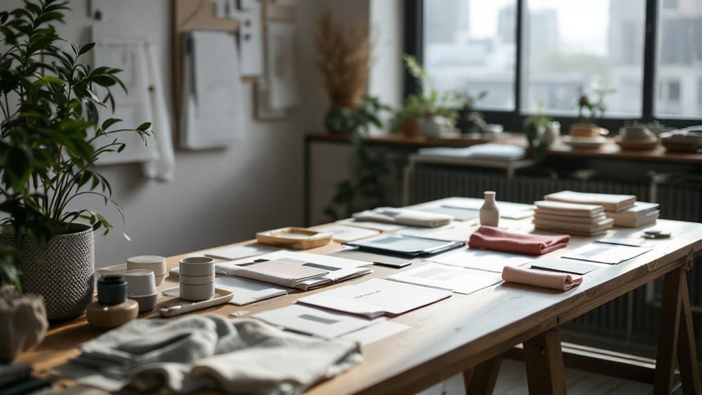 Fashion brand identity materials and fabric swatches on a wooden atelier table in Tokyo with natural window light