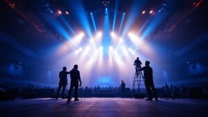 Large Tokyo event venue during setup with stage lighting and crew silhouettes