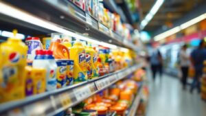 International consumer products displayed on a well-organized Japanese convenience store shelf under warm lighting