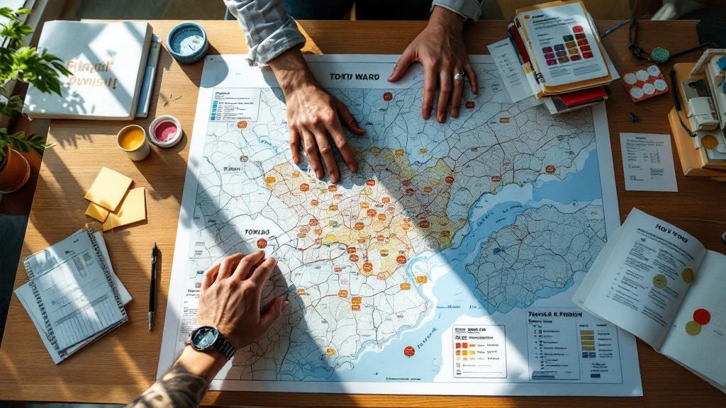 Overhead view of hands reviewing a map of Tokyo wards with permit notes and colored stickers