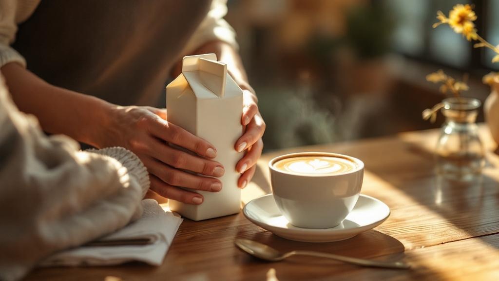 Hands holding a plant-based milk carton next to a latte in a minimalist Tokyo café with morning light