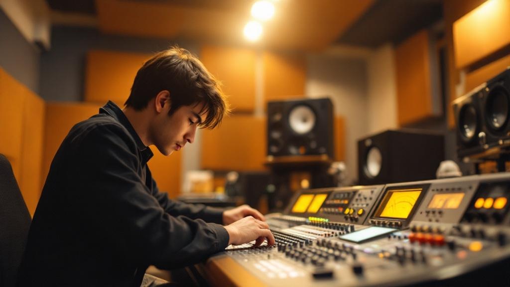 Over-shoulder view of a sound engineer adjusting an analog mixing console in an acoustically treated Japanese recording studio
