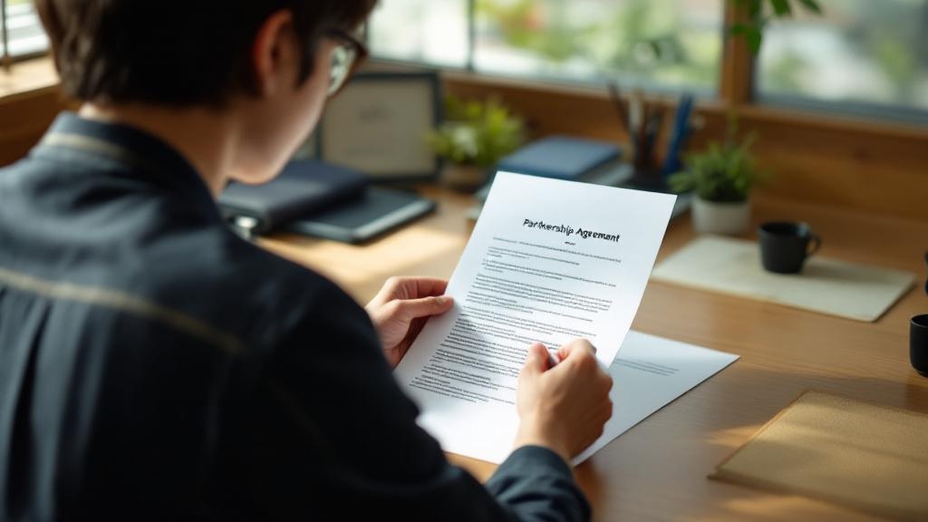 Over-the-shoulder view of hands reviewing a printed university partnership document on a wooden desk
