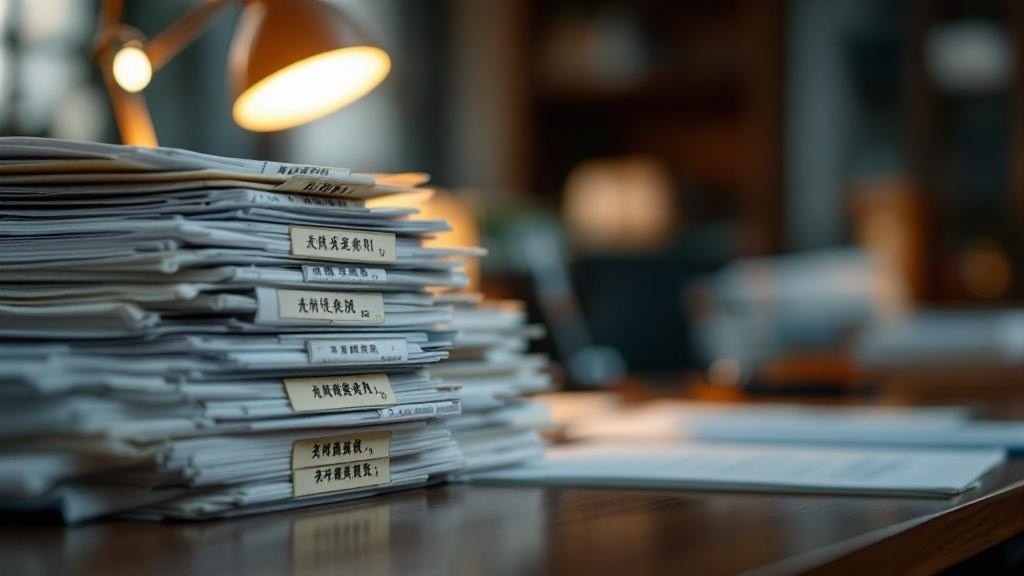 Organized filing folders with Japanese ministry stamps on a desk under warm lamp light