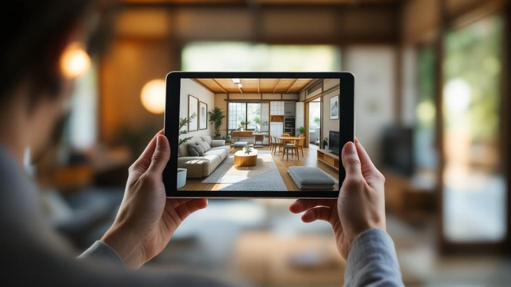 Hands holding a tablet with a 3D property walkthrough in a Japanese apartment