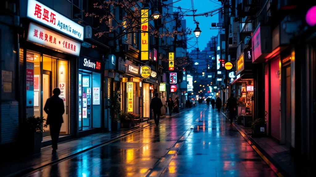 Narrow Tokyo side street at twilight with small specialist agency offices glowing in different colors