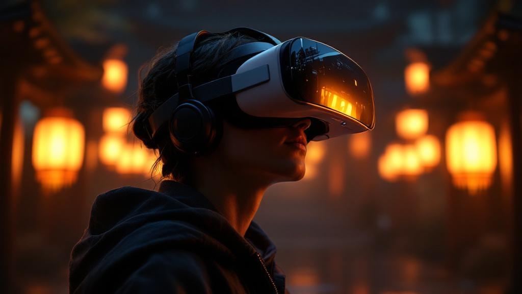 Over-the-shoulder view of someone in a VR headset experiencing a virtual Japanese temple with warm lantern light