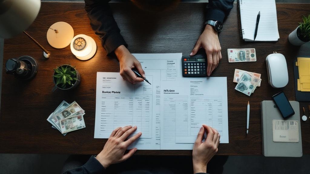 Hands organizing event budget documents and Japanese yen on a wooden desk