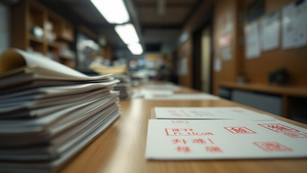 Filming permit documents — Official permit documents and traditional red ink stamps on a Japanese municipal office counter