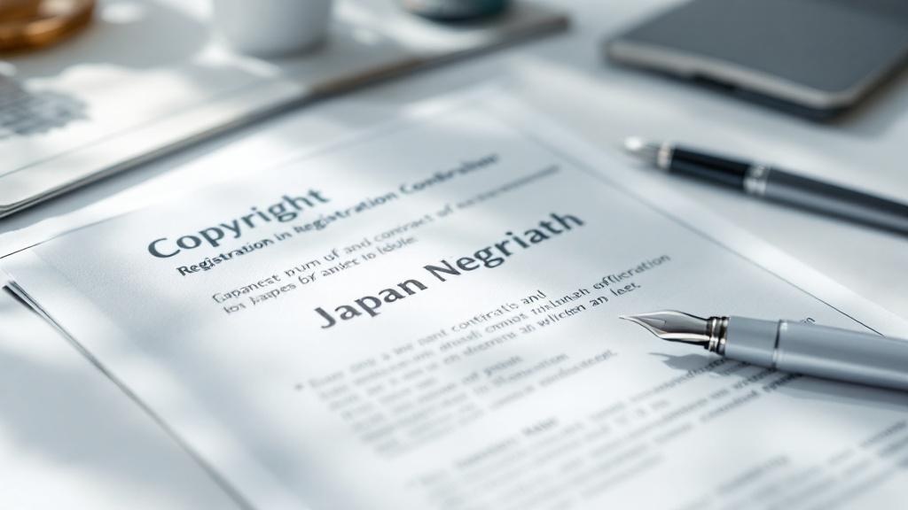 Japanese copyright registration booklet and contract papers with fountain pen on minimalist white desk