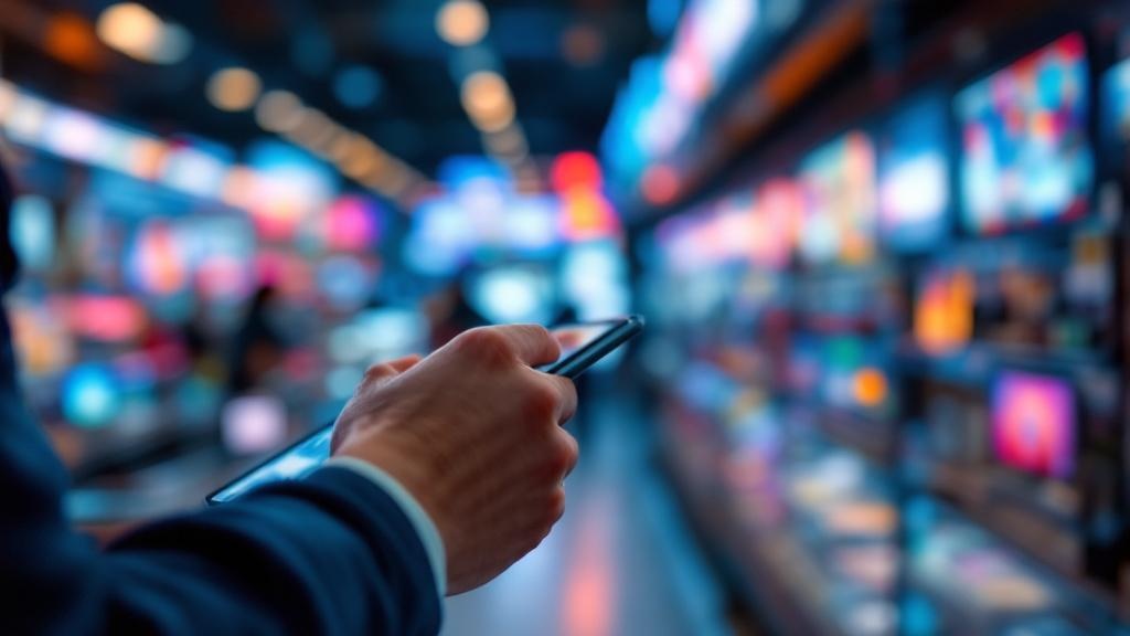 Hand using a tablet to scan products in a Japanese electronics retail environment with blurred screens in background