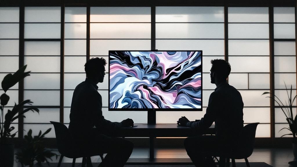 Silhouettes of two professionals reviewing footage on a monitor in a Japanese office with soft natural light through translucent partitions