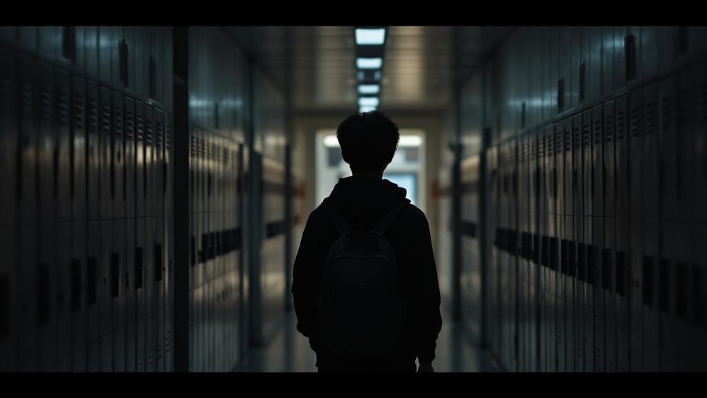 Silhouette of an international student walking down a quiet corridor in a Japanese university