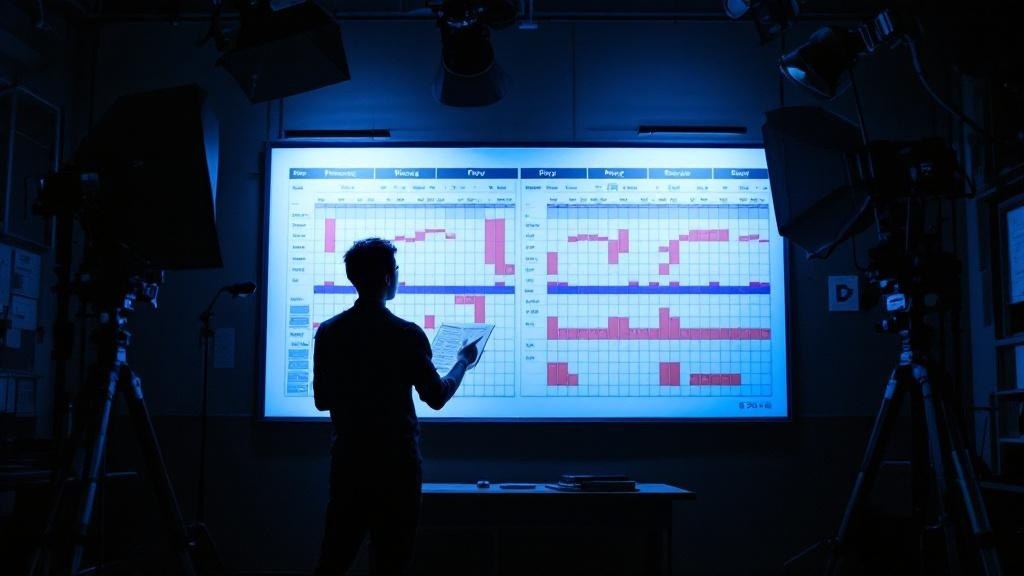 Silhouette of a producer reviewing a production schedule board in a Tokyo studio prep room