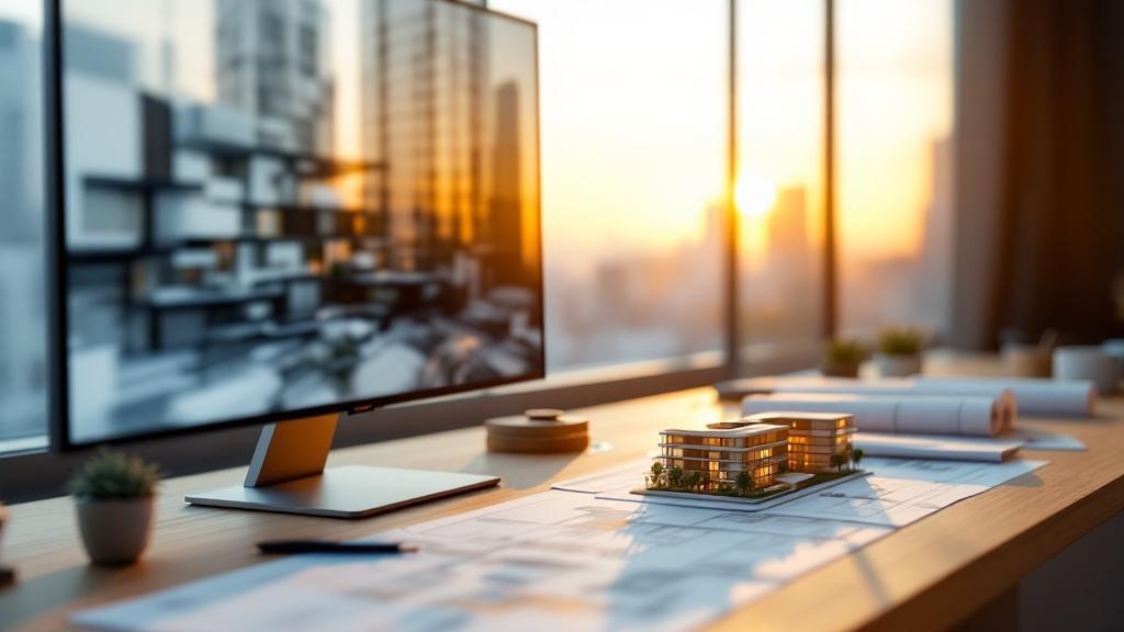 Architecture studio desk with monitor showing abstract renders and a building scale model