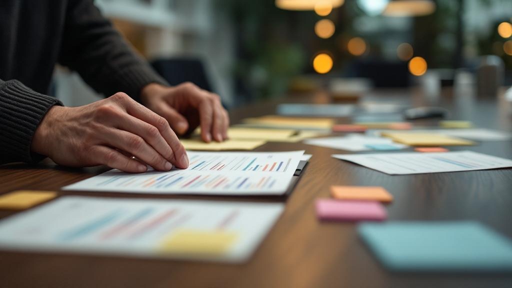 Hands arranging evaluation scorecards and sticky notes on a dark conference table