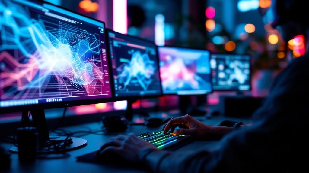 Hands at a VR development workstation with blurred monitors showing abstract 3D visuals in a Tokyo studio at night