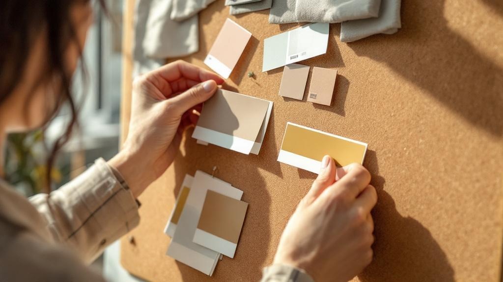 Designer's hands pinning fabric samples and color cards to a strategy board in a sunlit Japanese studio