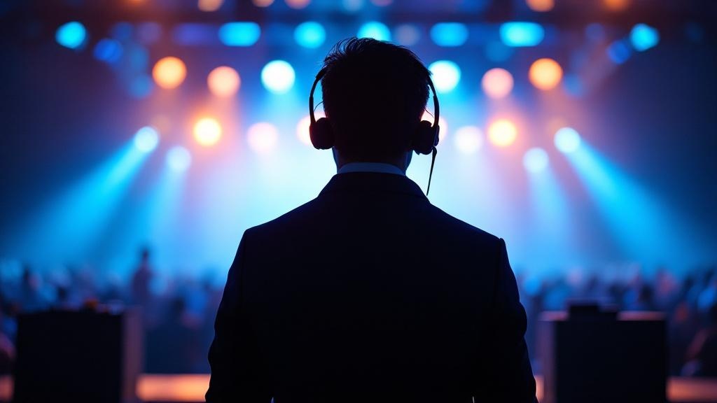Silhouette of an event coordinator with headset backstage at a Japanese conference venue