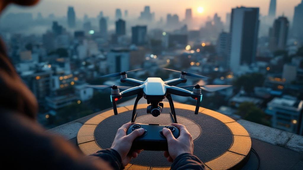 Drone on a rooftop landing pad overlooking a misty Tokyo neighborhood at dawn with operator's hands on controller