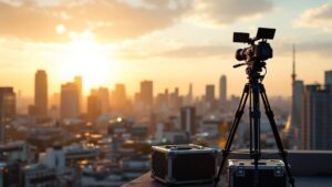 Professional film equipment on a Tokyo rooftop overlooking the city skyline at golden hour